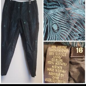 Dana Buchman Silk Blend Teal & Black Peacock Feather High Waist Pants Size 16
